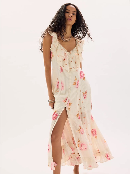 Free People Dresses & Skirts - Free People Cream Maxi Dress with Pink Rose Print